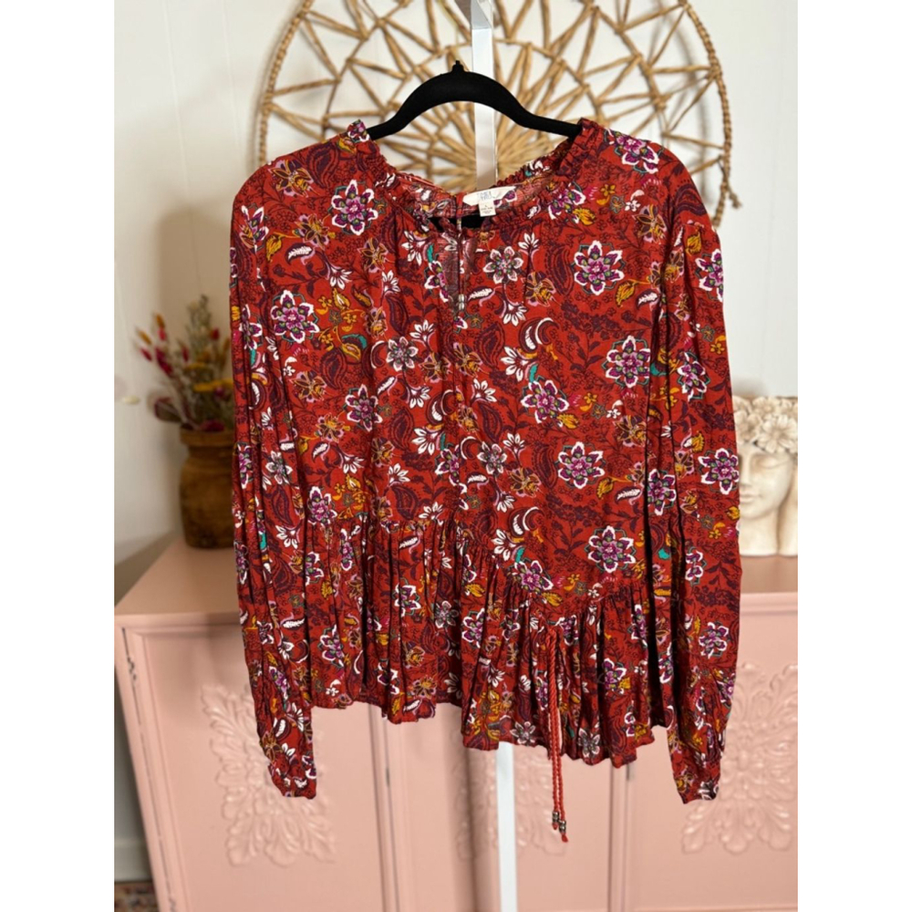 Women's Time & Tru Blouse, L, Red, Multi